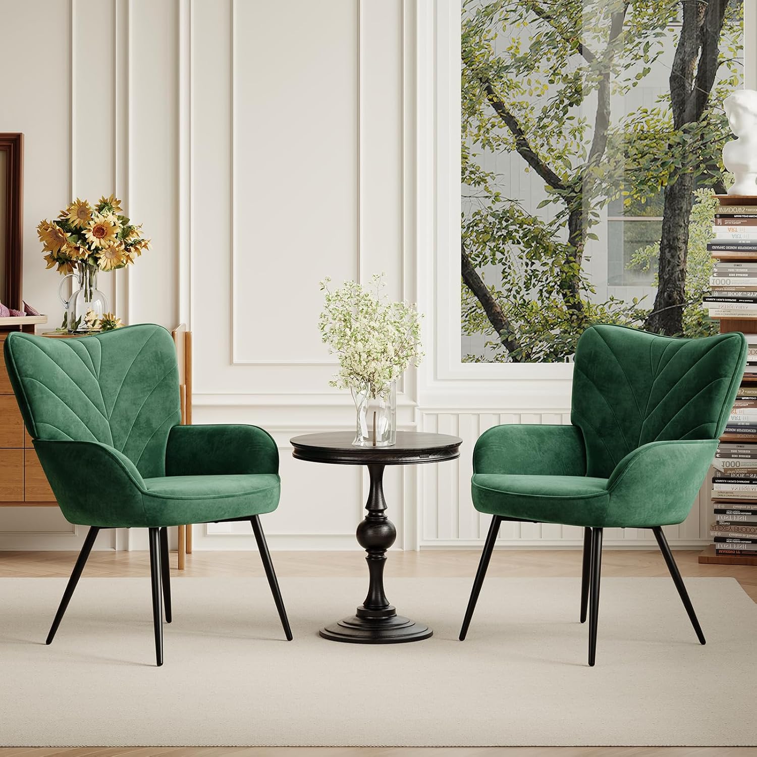 COLAMY Wohnzimmer Sessel 2er Set, Samtbezogener Relaxsessel mit hoher Rückenlehne, Gepolsterter Komfortsessel mit Wingback-Design, Lounge Chair mit Holzbeinen für Wohnzimmer, Leseecke, Grün