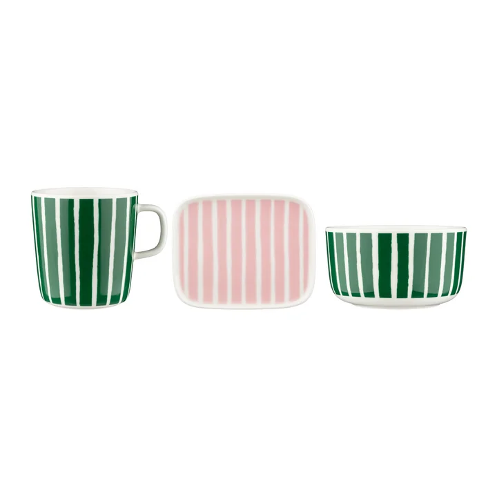 Marimekko - Oiva Piccolo Frühstücks-Set, grün / weiss / rosa (3er-Set)