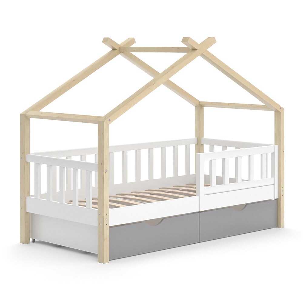 VitaliSpa Kinderbett Hausbett Einzelbett Design Weiß Grau Natur modern 80x160 cm Kinderzimmer Bett Massivholz Lattenrost Schublade Rausfallschutz Schubladenbett