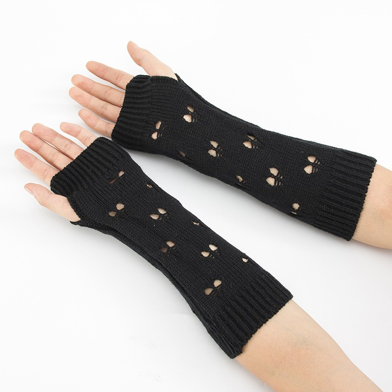 (1 Paar) Damen Armstulpen Strick Accessoire Fingerlose Handschuhe mit Herz Ausschnitte (One Size) - Schwarz