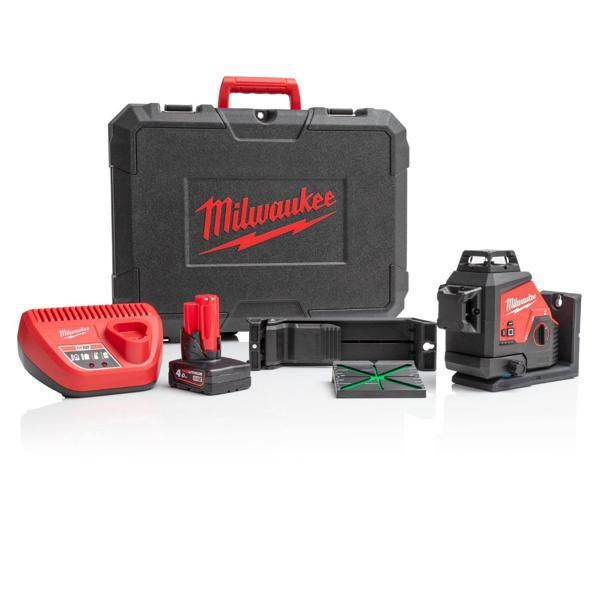 Milwaukee M12 3PL-401C Accu Kruislijnlaser 3x360° Groen 12V 4.0Ah in koffer - 4933478102