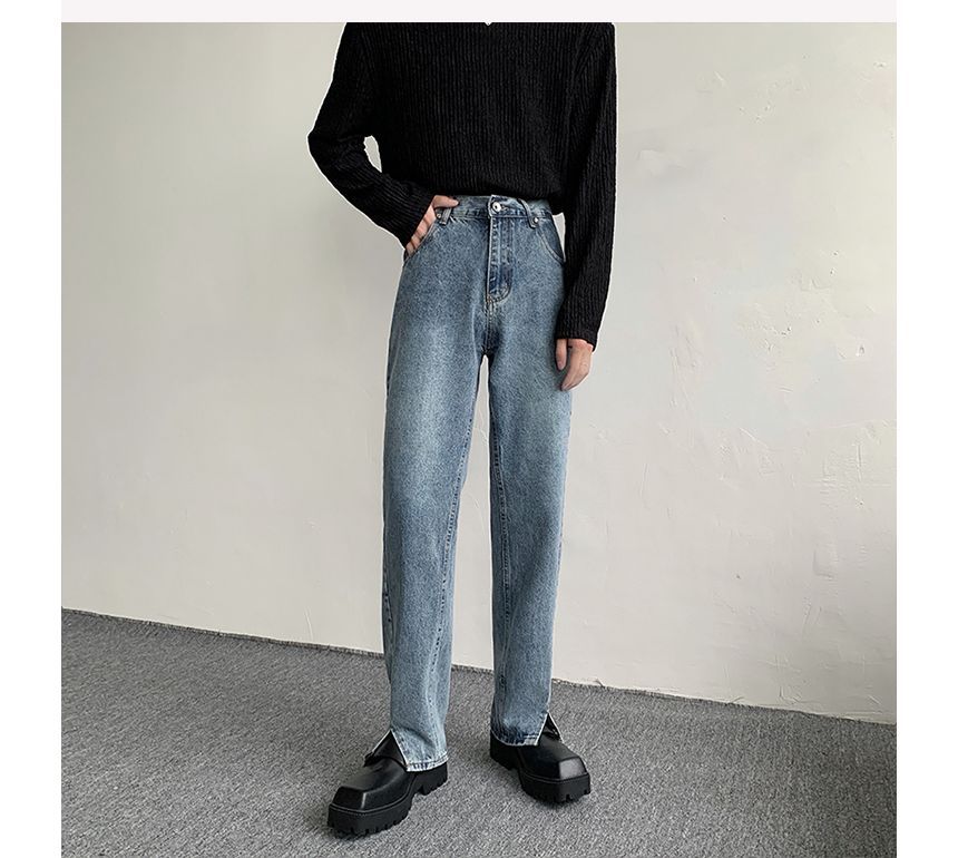 Freehop - Hoge taille, gewassen rechte jeans met zijsplit