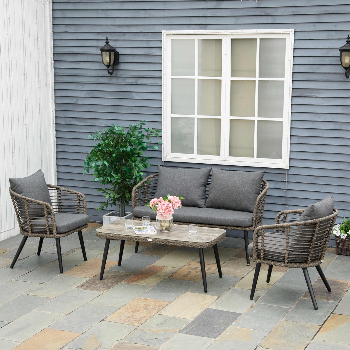 Outsunny 4-delige tuinmeubelset, 135B x 67D x 76H cm, aluminium, PE rotan, polyester, gehard glas, grijs