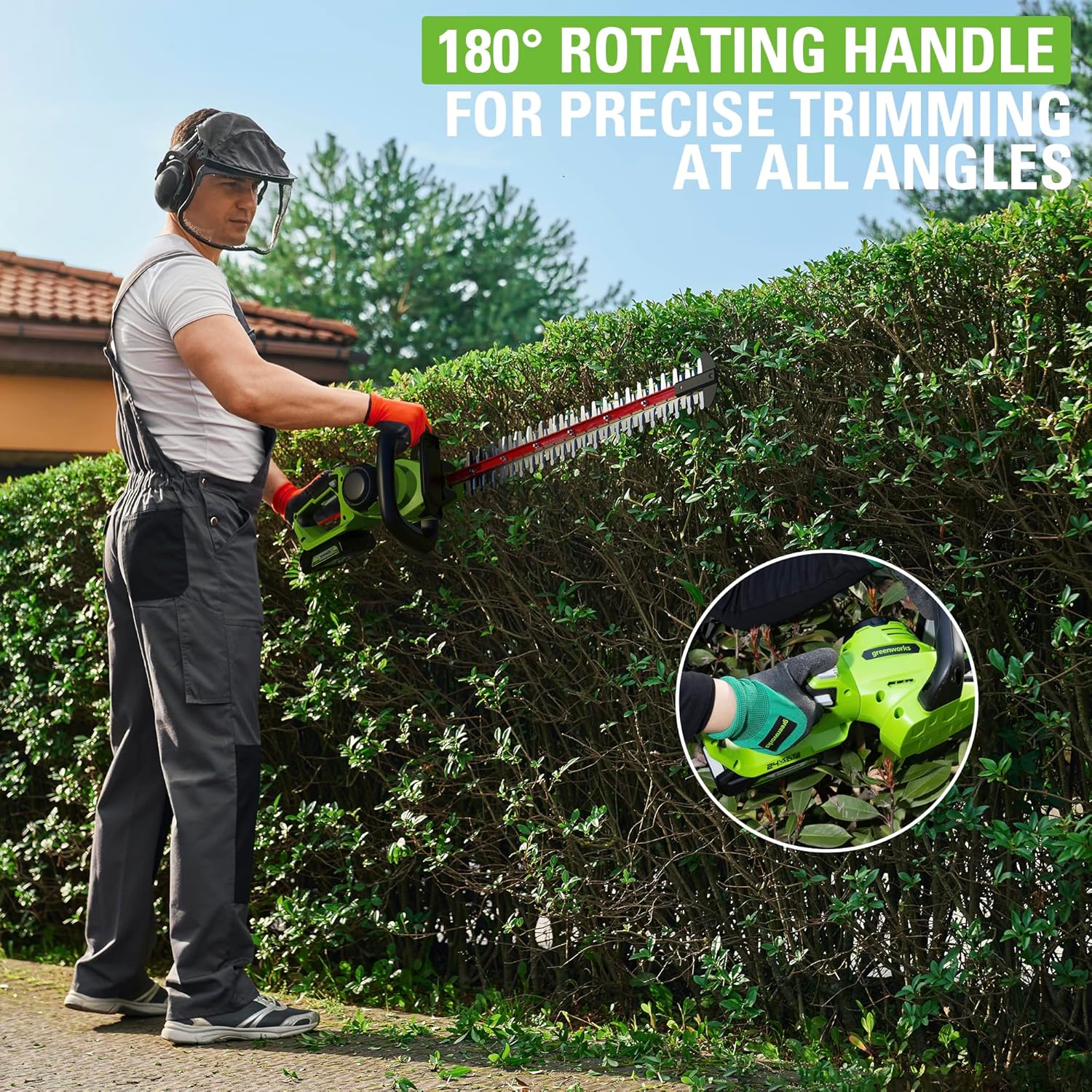 Greenworks Akku-Bürstenlose Heckenschere 24V GD24HT61K2, 61cm Dual Action Klinge, schneidet bis zu 25.4mm dicke Zweige und Stämme 3200 spm mit 2Ah Akku-Ladegerät, 3-Jahres-Garantie