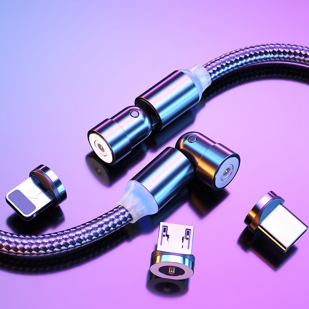 (1m) 3in1 USB A auf USB C / Micro USB / Lightning Ladekabel Magnetisches Nylon 540° Datenkabel mit LED - Schwarz