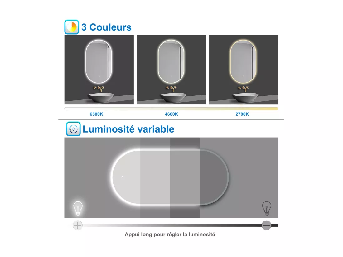 AICA LED Miroir lumineux ovale 60 x 100cm avec anti-buée + 3 Couleurs + dimmable + mémoire, Miroir salle de bain