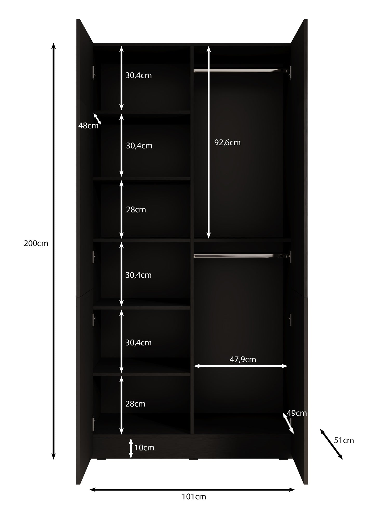 Meubella - Kledingkast Shelton - Zwart 1 - 101 cm