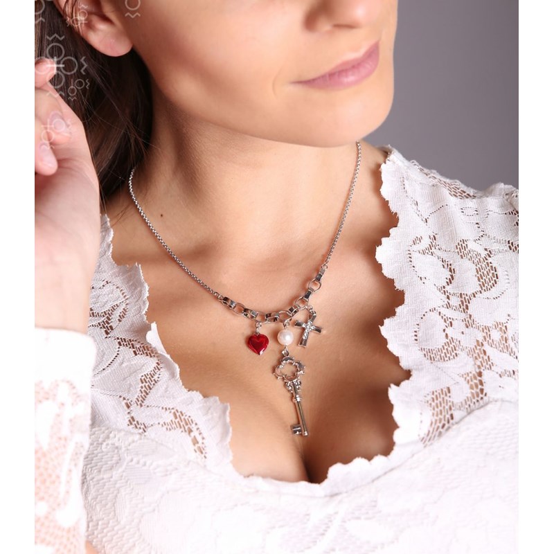 Collier ras du cou cristal Swarovski blanc et rouge en plaqué Or Blanc et rhodié