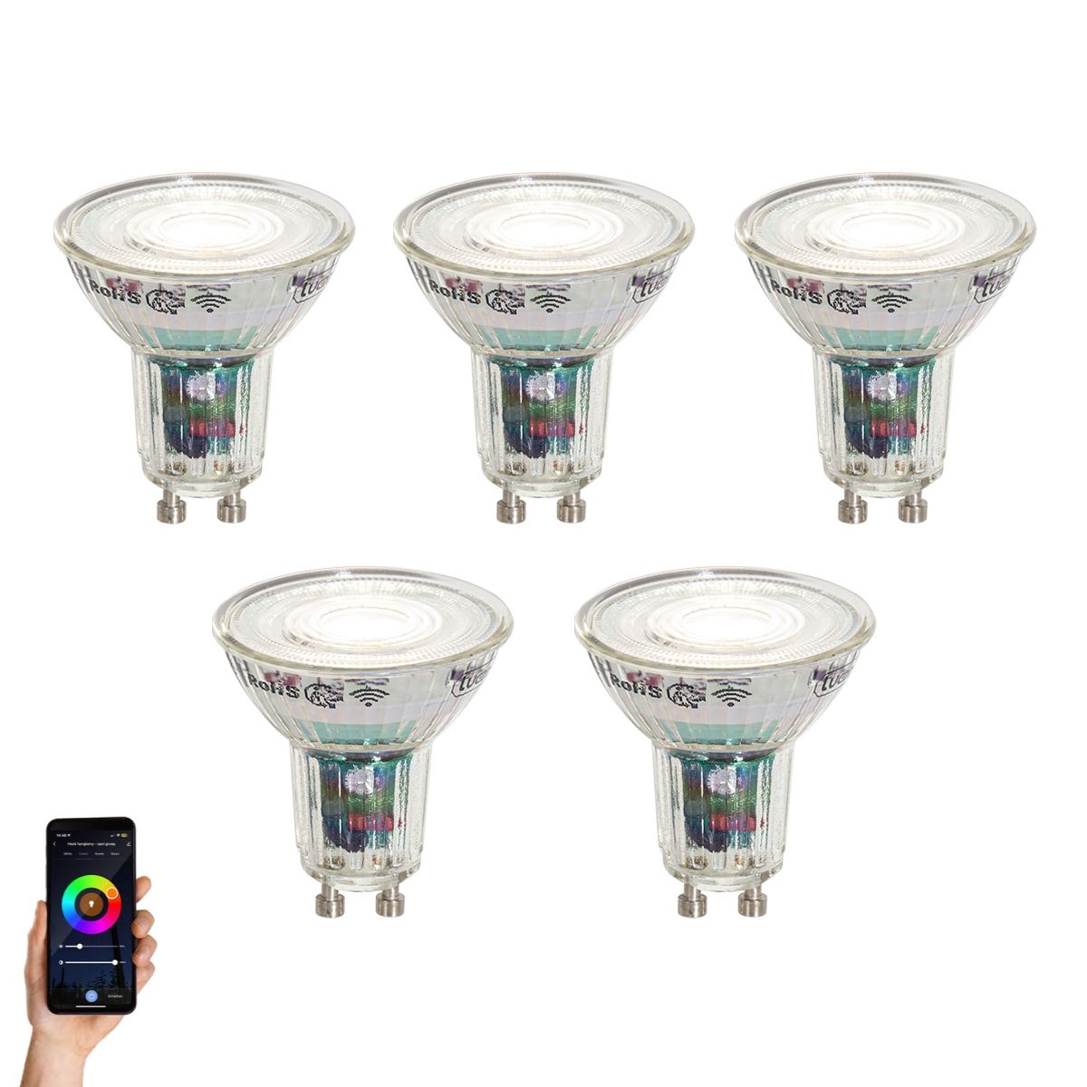 Set van 5 Smart GU10 50mm LED lampen helder 4.8W 400 lm 1800-6500K