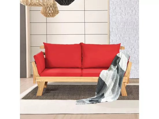 Canapé Lit de Jardin Convertible 2 Places en Bois d’Acacia avec Coussin, Canapé de Jardin 2 en 1 avec Accoudoir Réglable Charge 320KG, pour Patio Piscine (Rouge)