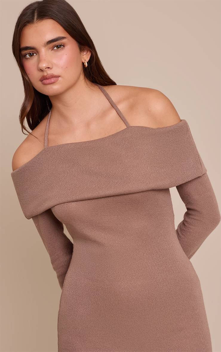 Taupe Robe Mini Bardot En Jersey Texturé