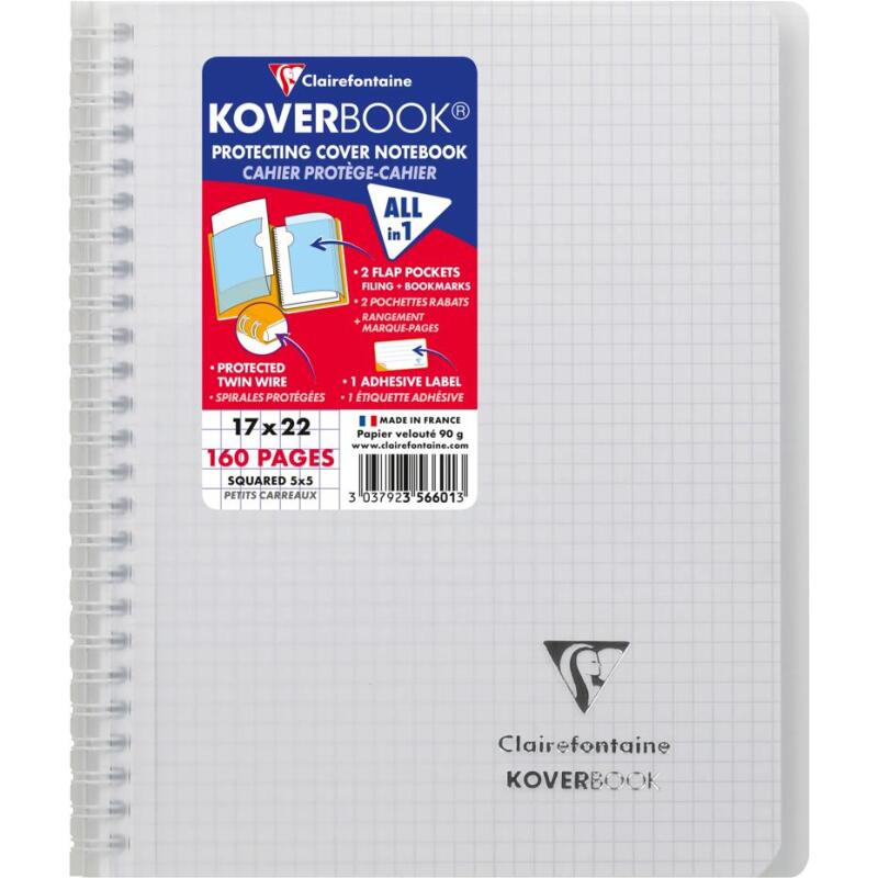 Cahier reliure intégrale enveloppante Koverbook 17x22cm 160 pages petits carreaux couverture polypropylène transparent - Assortis