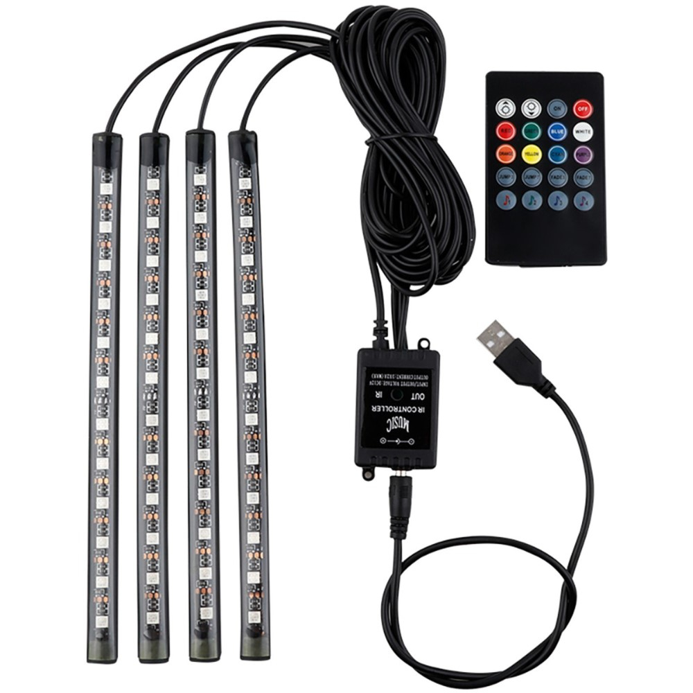 (4er Set) 48 LEDs Auto Licht Streifen RGB Fussraumbeleuchtung für KFZ Innenraum mit Sound Control   Fernbedienung - USB A
