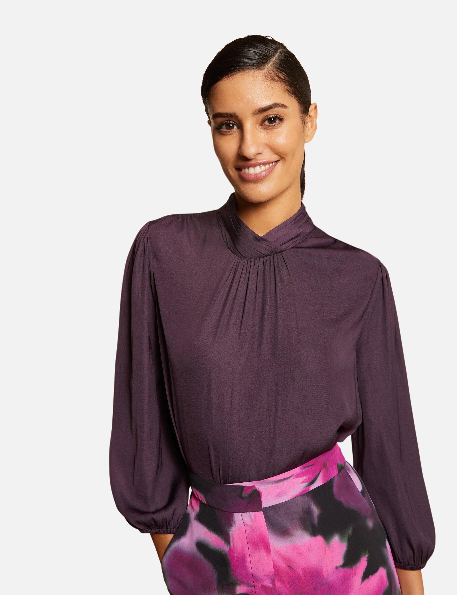 Blouse manches 3/4 satinée prune femme - prune