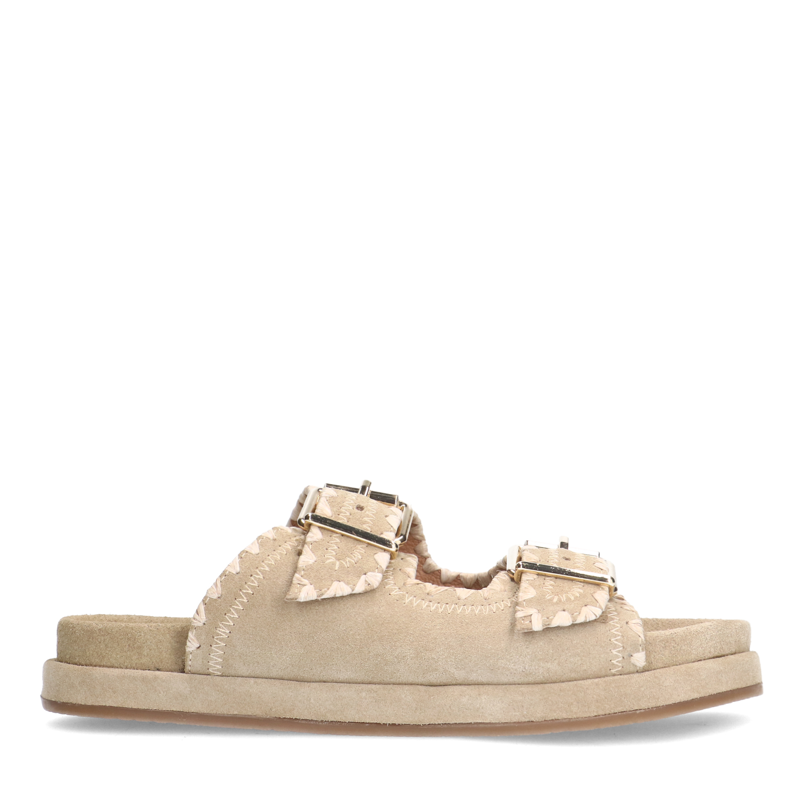 Beige suède slippers met witte details