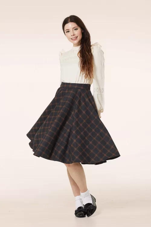 Timeless Sophie wollen geruite rok in roestbruin en blauw