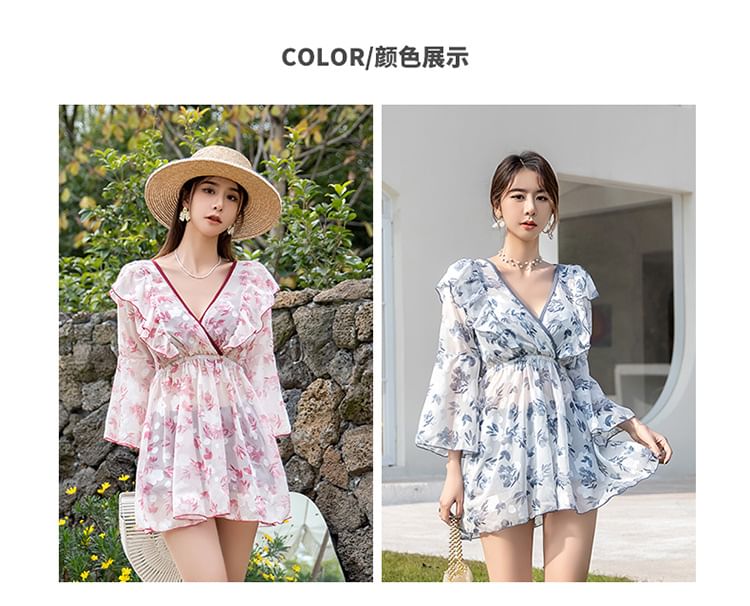 Moonrise badkleding - Set: effen tankinitop + zwemshort + cover-up met bladprint