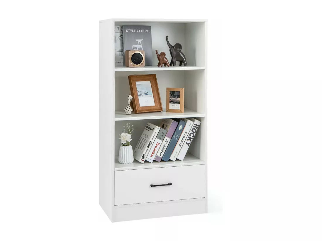 Bibliothèque étagère en bois à 4 niveaux avec grand tiroir, meuble sur pied (blanc)