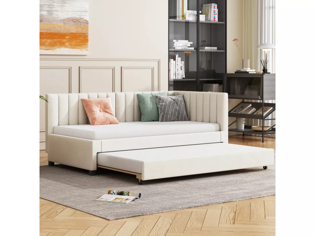 Canapé-lit extensible 90*200, Lit multifonctionnel avec sommier à lattes, Lit pour adolescent, Beige, Tissu velours