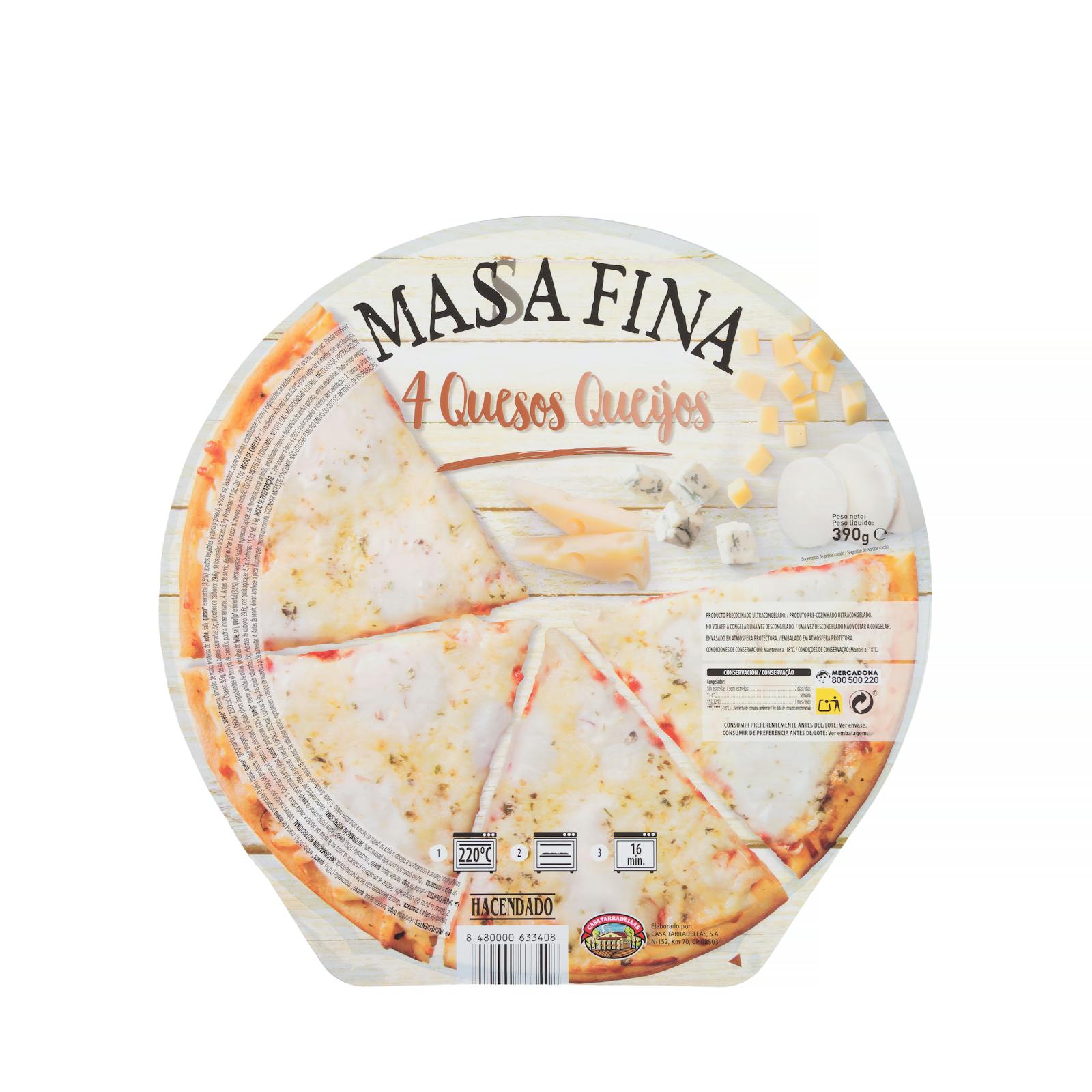 Pizza surgelée à croûte mince aux 4 fromages Hacendado
