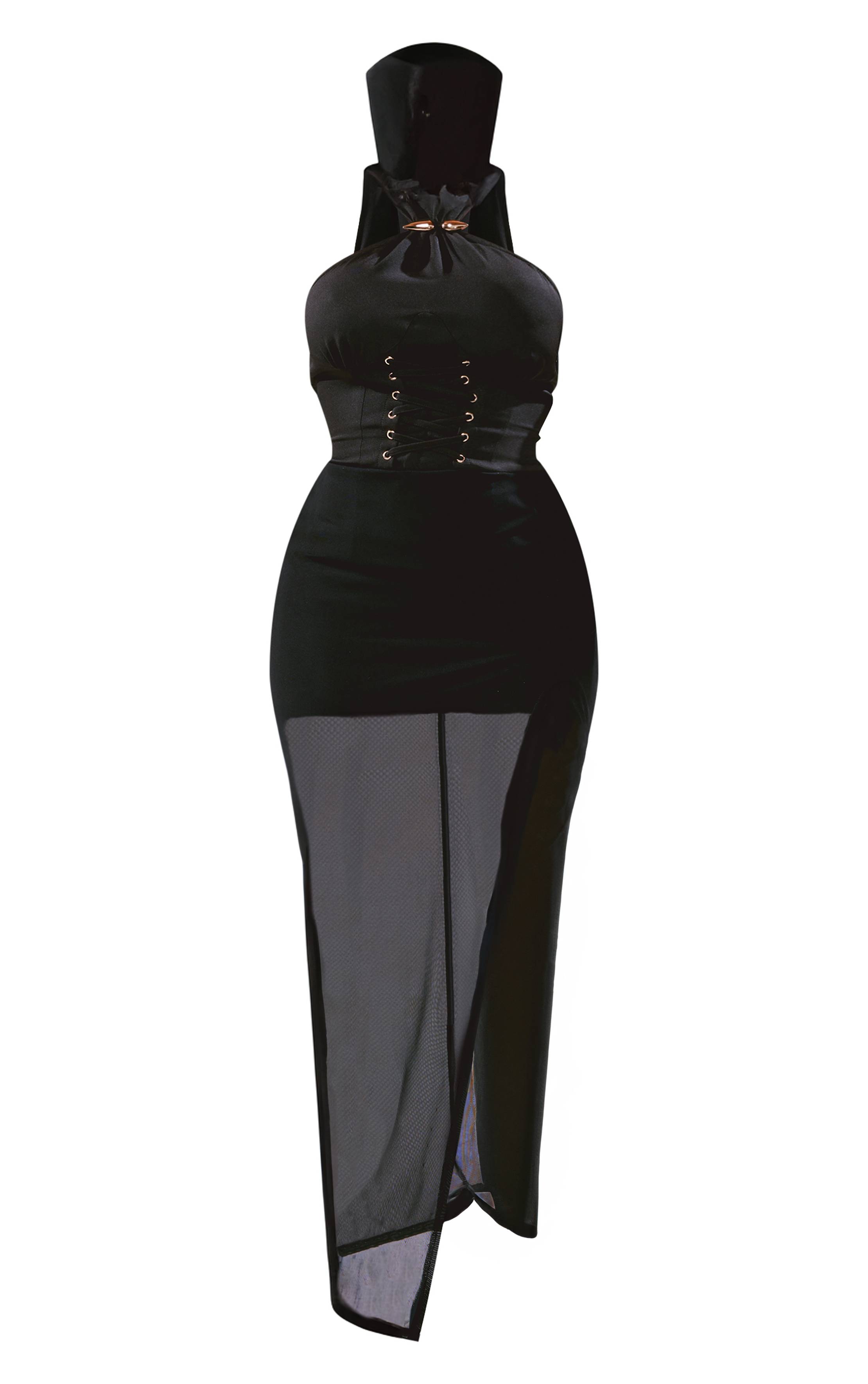 Noir Robe Mi-longue Asymétrique Tissée À Col Montant Et Laçage Shape