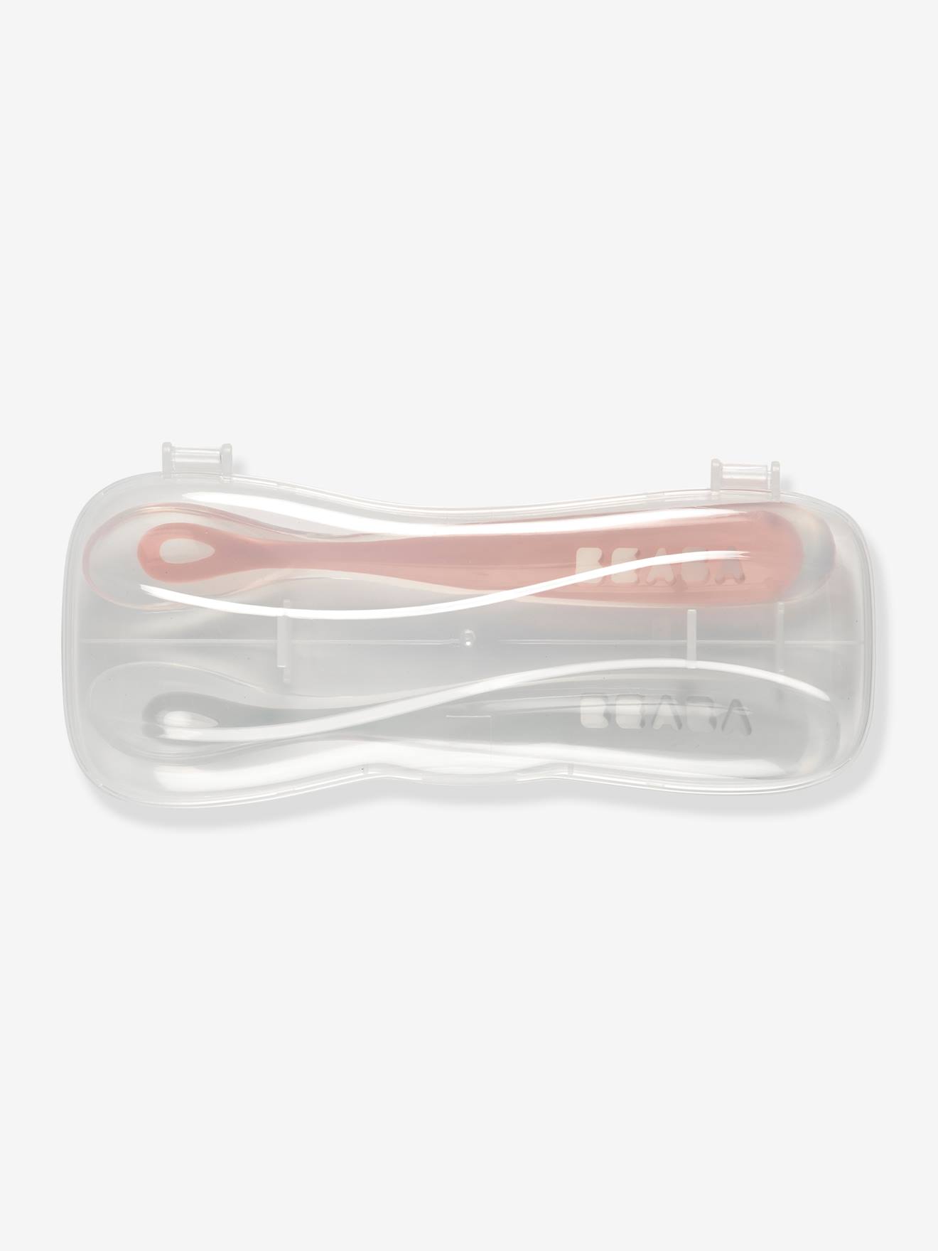 Conjunto de 2 colheres ergonômicas de aprendizagem + estojo de transporte rosa médio BEABA