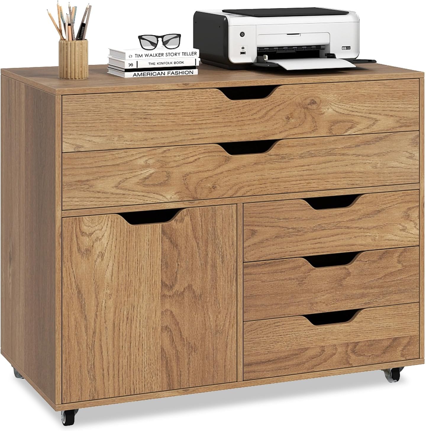 COSTWAY Rollcontainer mit 5 Schubladen & Schrank, mobiler Aktenschrank mit Rollen, Schubladenschrank mit Arbeitsplatte, Rollwagen Bürocontainer aus Holz für Zuhause, Büro (Natur,77,5 x 40 x 64 cm)
