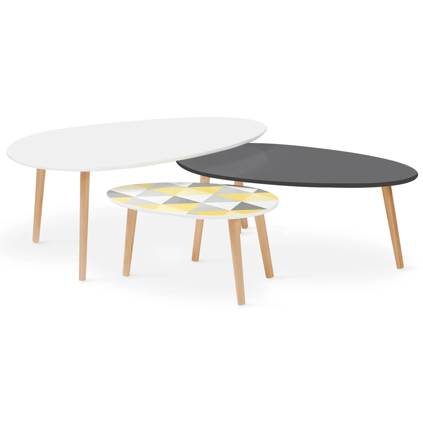 Lot de 3 tables basses gigognes GIGI laquées blanc / gris / motifs graphiques