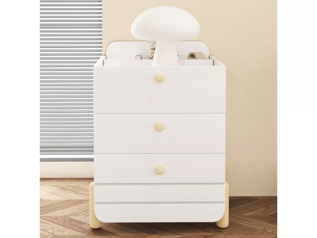 Table de chevet en bois - avec 3 tiroirs et étagères - Blanc