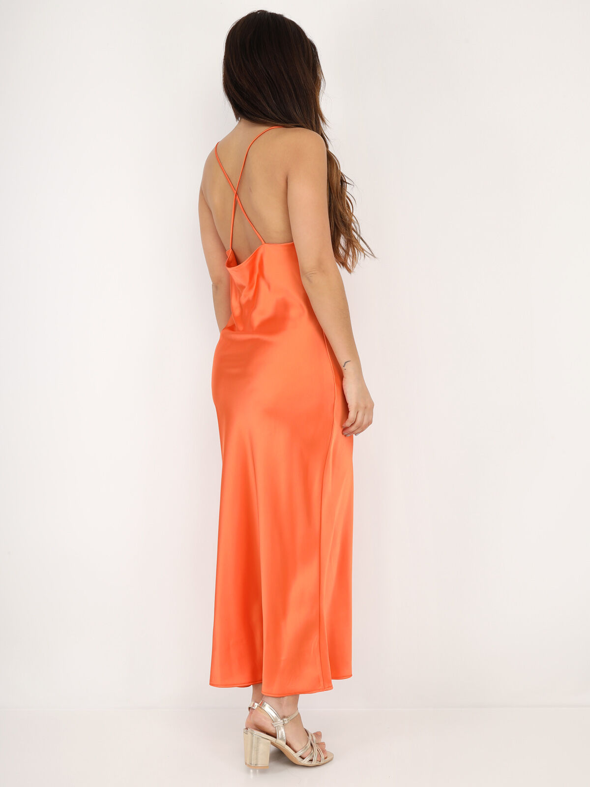 Robe satinée style corset froncé- orange