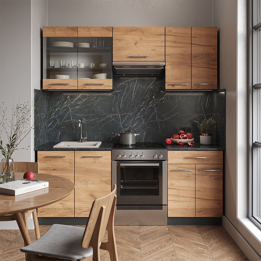 Vicco Küchenzeile Küchenblock Einbauküche Fame-Line Anthrazit Eiche 200 cm modern Küchen Schränke Schubunterschrank Spülenunterschrank Hängeschrank Hängeglasschrank