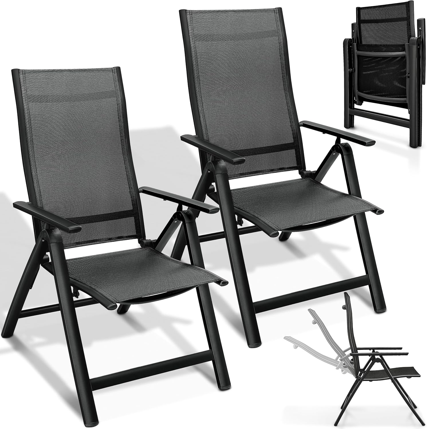 tillvex Gartenstuhl Premium 2er Set klappbar aus Aluminium | Hochlehner mit Armlehnen | Klappstuhl verstellbar | Klappsessel Balkon Garten Terrasse (Schwarz)
