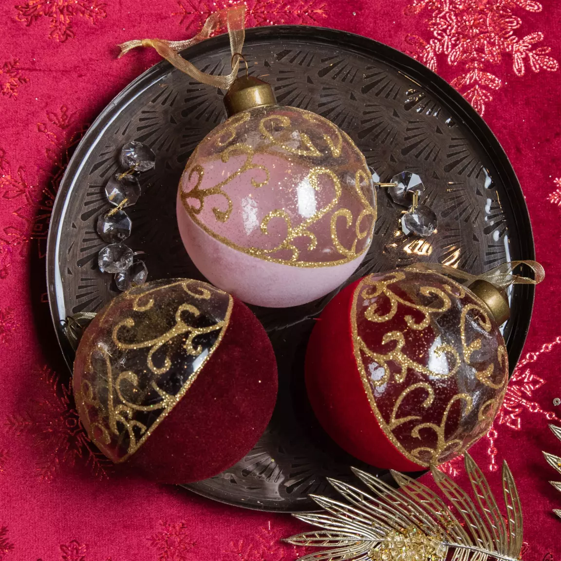 Lot de 12 boules de Noël (D80 mm) en verre Arabesque Rouge