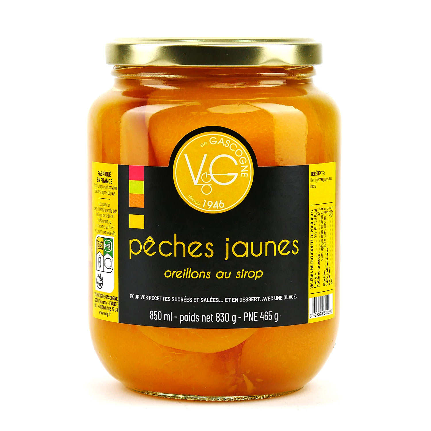 Pêches jaunes au sirop (oreillons 1/2 fruits)