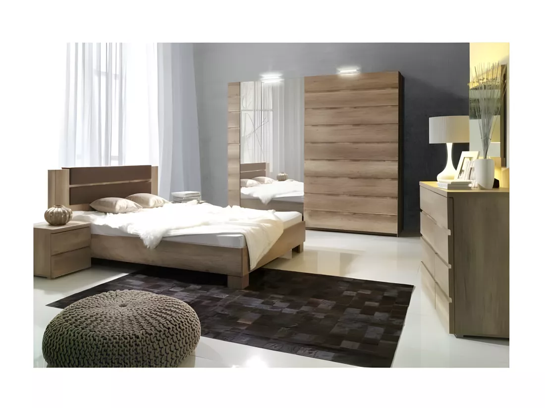 Ensemble Lit adulte 160 x200 avec deux chevets coloris chêne clair collection ROMI. Sommier inclus