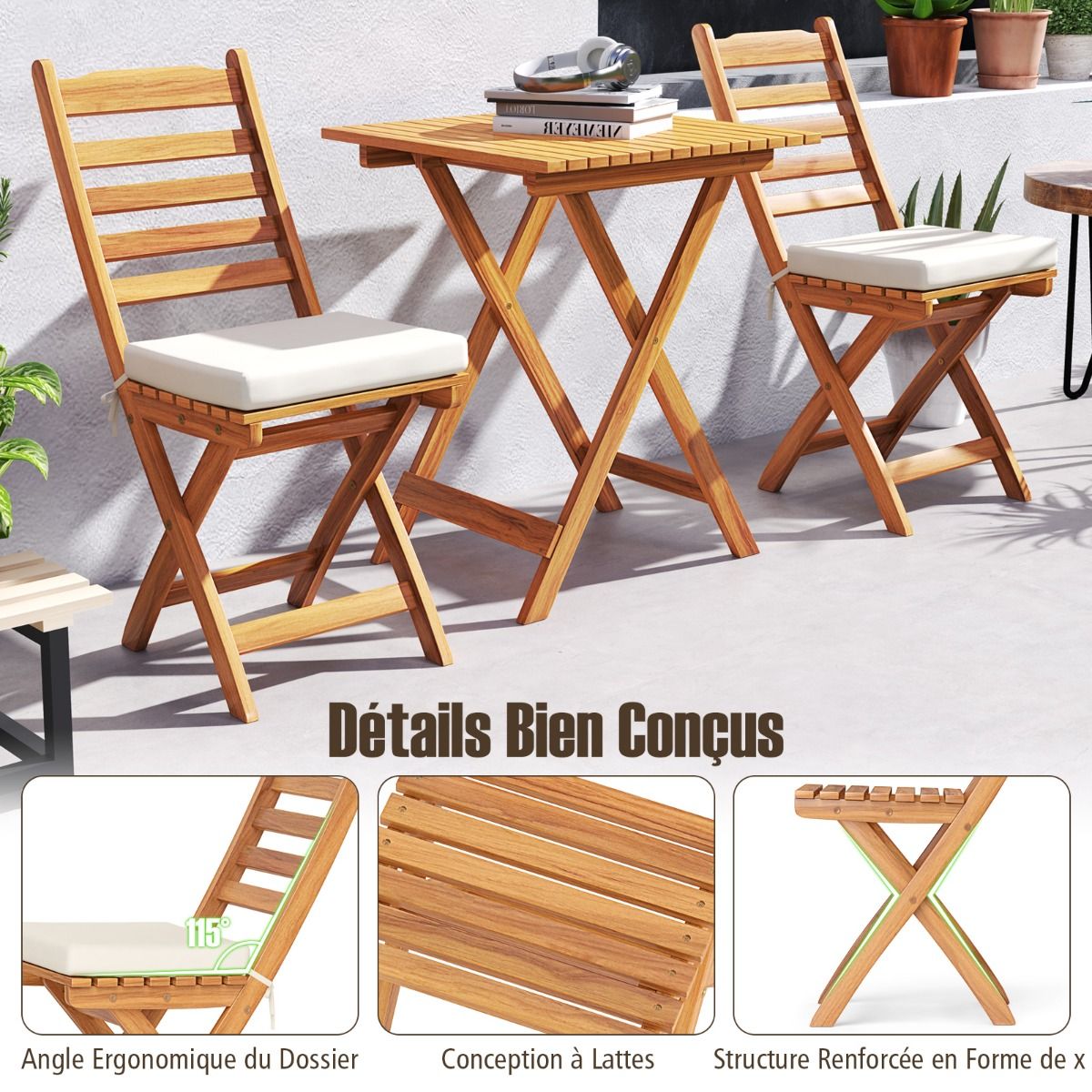 Ensemble Bistrot d'Extérieur en Bois d'Acacia Ensemble de Chaises Pliantes et Table Coussins de Siège Sans Accoudoirs à Dossier Haut Blanc - Lidl-Manfred