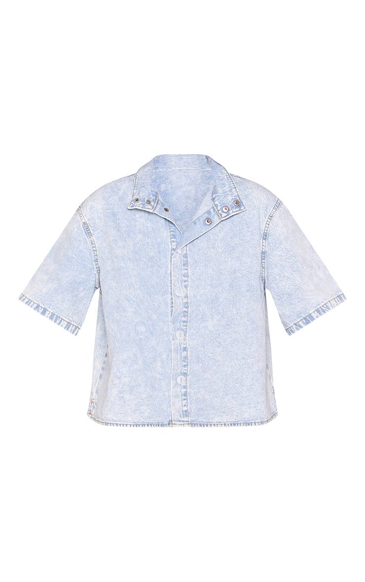 Bleu Glacé Chemise En Jean À Manches Courtes Et Col Cheminée Tall