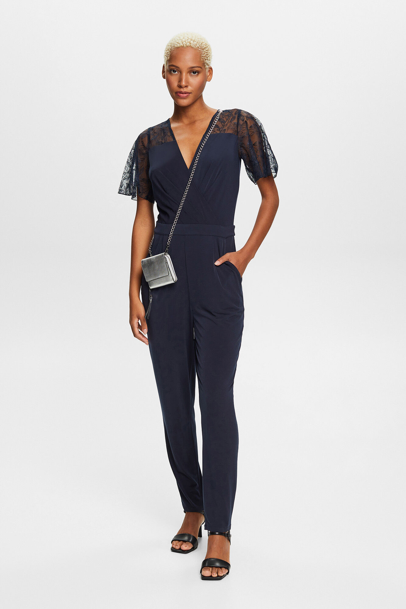 Camisola longa de renda floral com elastano - Azul Marinho