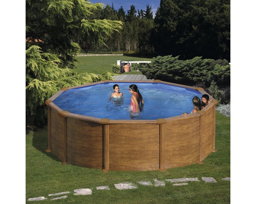 Opzetzwembadset van staalwand Gre rond Ø 480x132 cm incl. zandfiltersysteem, skimmer, trap, filterzand & bodembeschermvlies houtlook