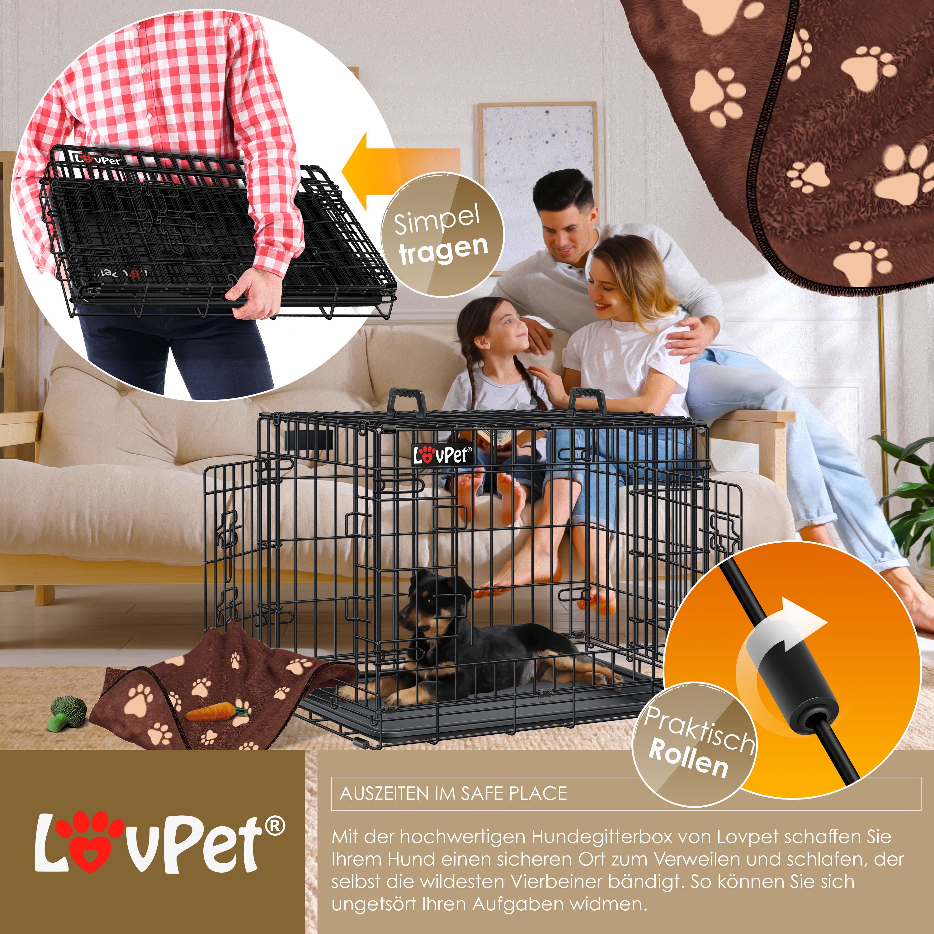 LOVPET® Hundekäfig klappbar Hundetransportkäfig Inkl. Fleecedecke + Napf Hundebox mit 2 Türen Transportkäfig Auto, Tiertransportbox Hundetransportbox mit Bodenschale