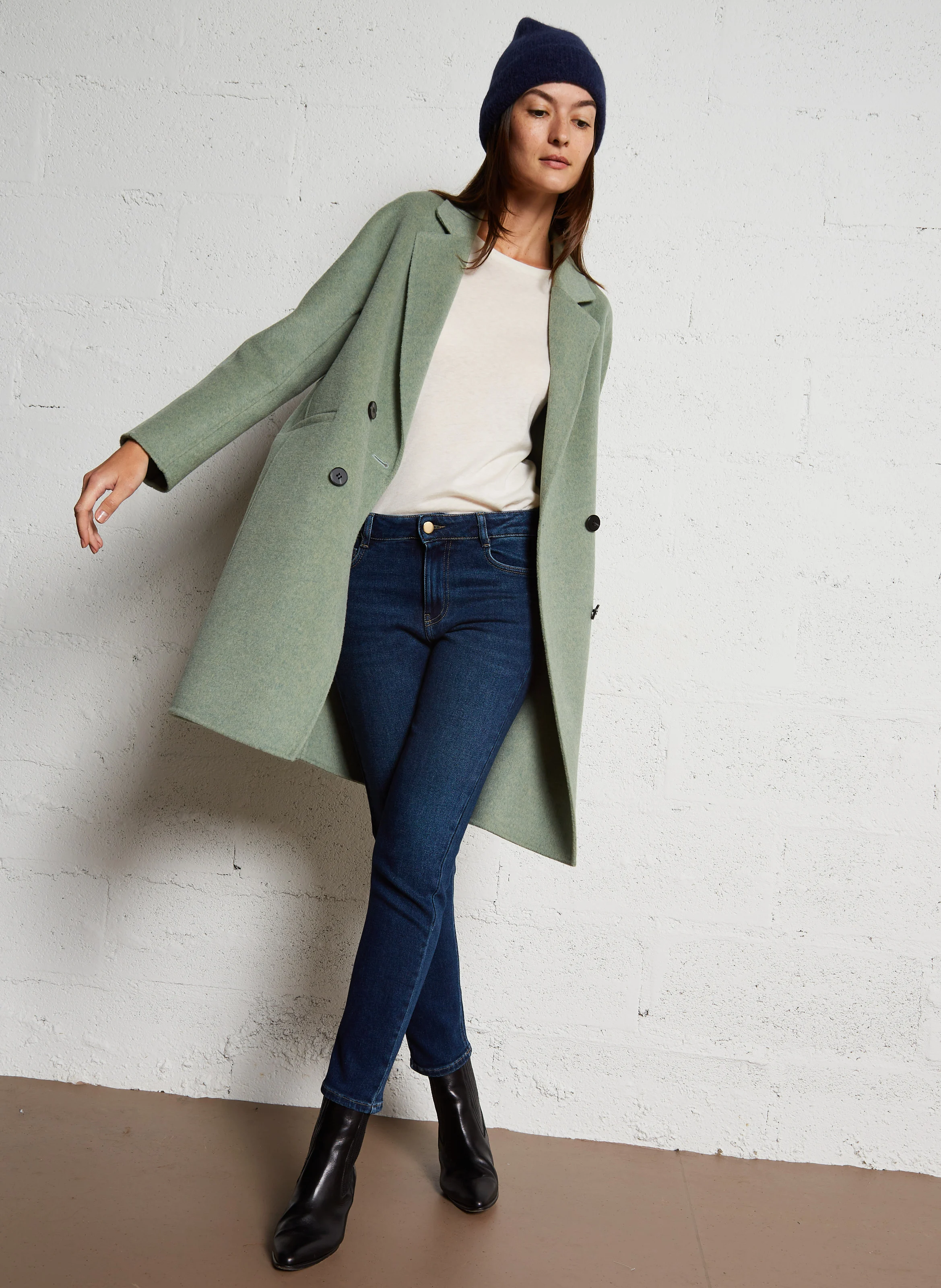 LINA - Manteau mi-long col tailleur en laine mélangée | Vert