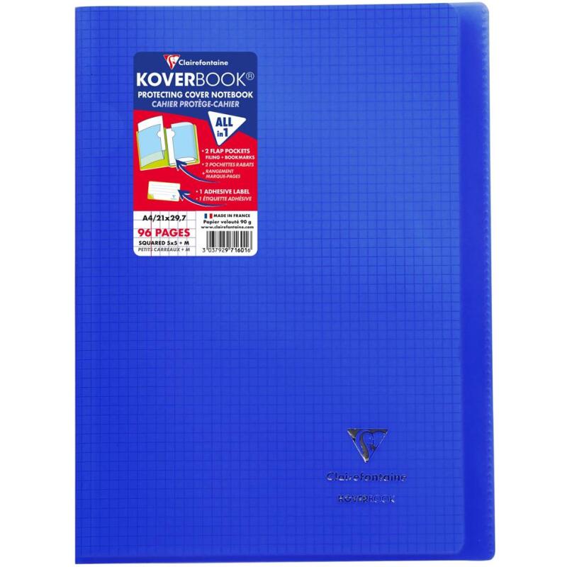 Cahier piqué Koverbook A4 96 pages petits carreaux + marge couverture polypropylène transparent - Assortis