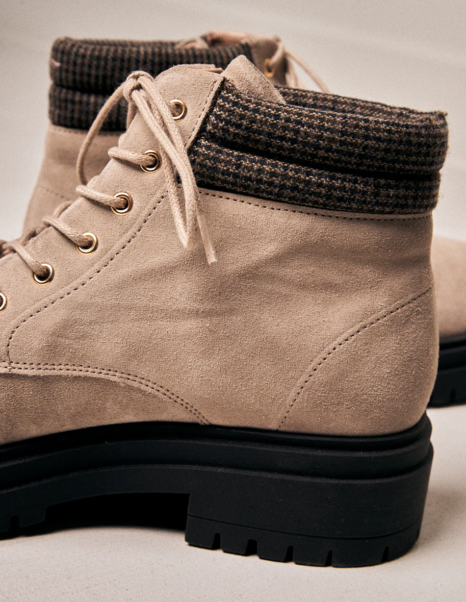 Bottines à lacets Lucette - Suède taupe et tweed