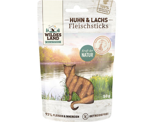 Kattensnack WILDES LAND kip- en zalmvleesstaafjes, graanvrij, 50 g