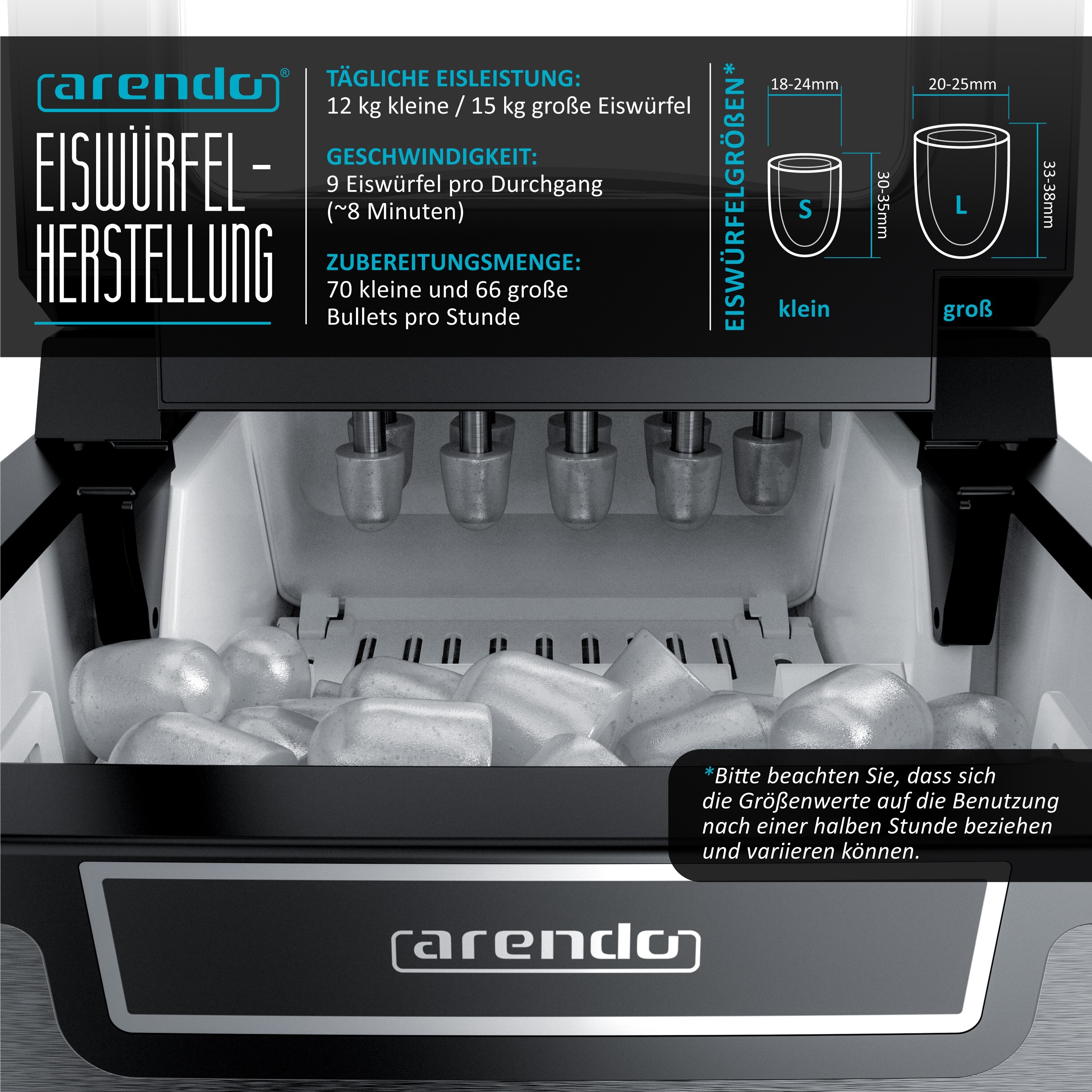 Arendo Eiswürfelmaschine elektrisch 105 W, Eiswürfelbereiter, 1,8 Liter Wassertank, Ice Cube Maker, 9 Eiswürfel pro Durchgang, 12 - 15 kg / 24 h, Grau