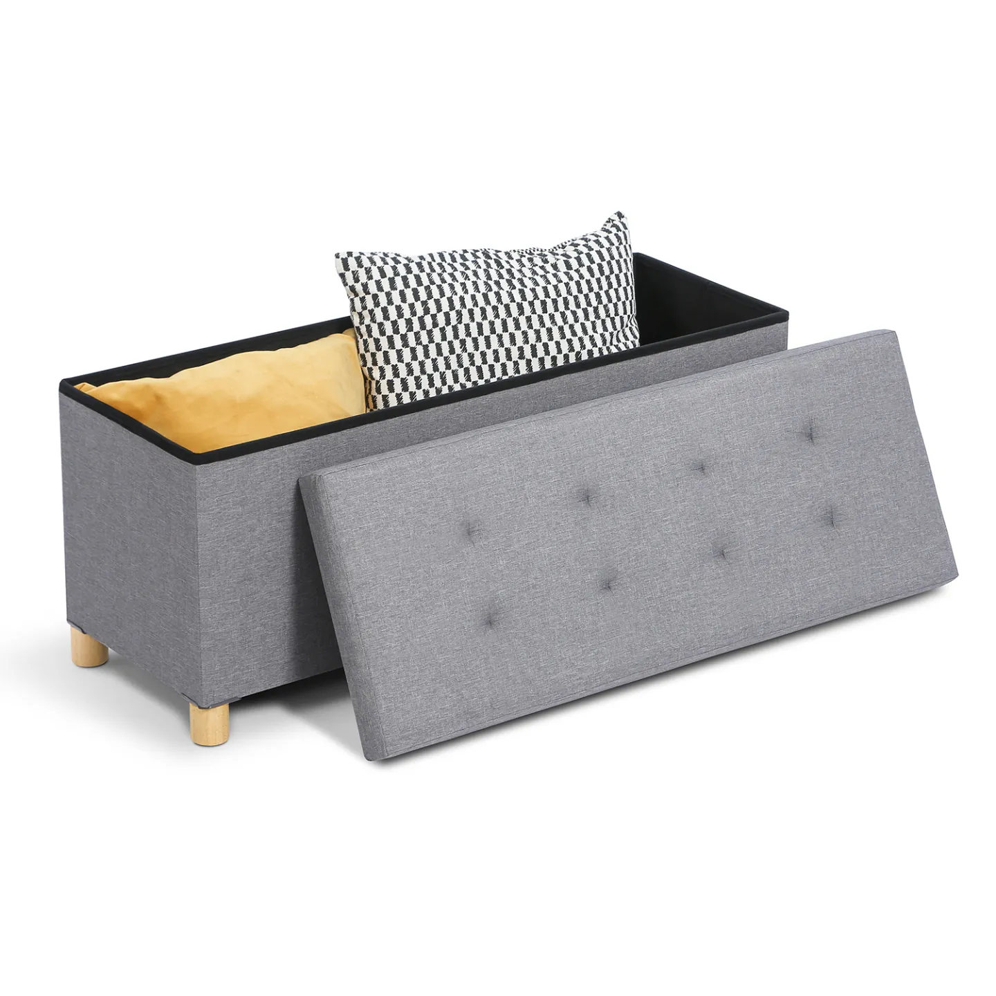 Banc coffre rangement sur pied 100 cm tissu gris clair