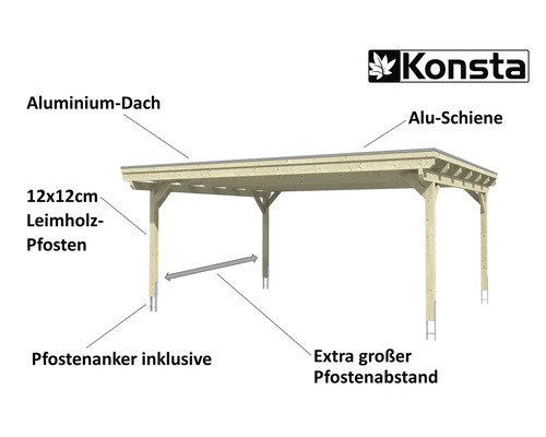 Konsta dubbele carport met aluminium dakpanelen inclusief H-ankers, 618x500 cm, natuurlijke afwerking