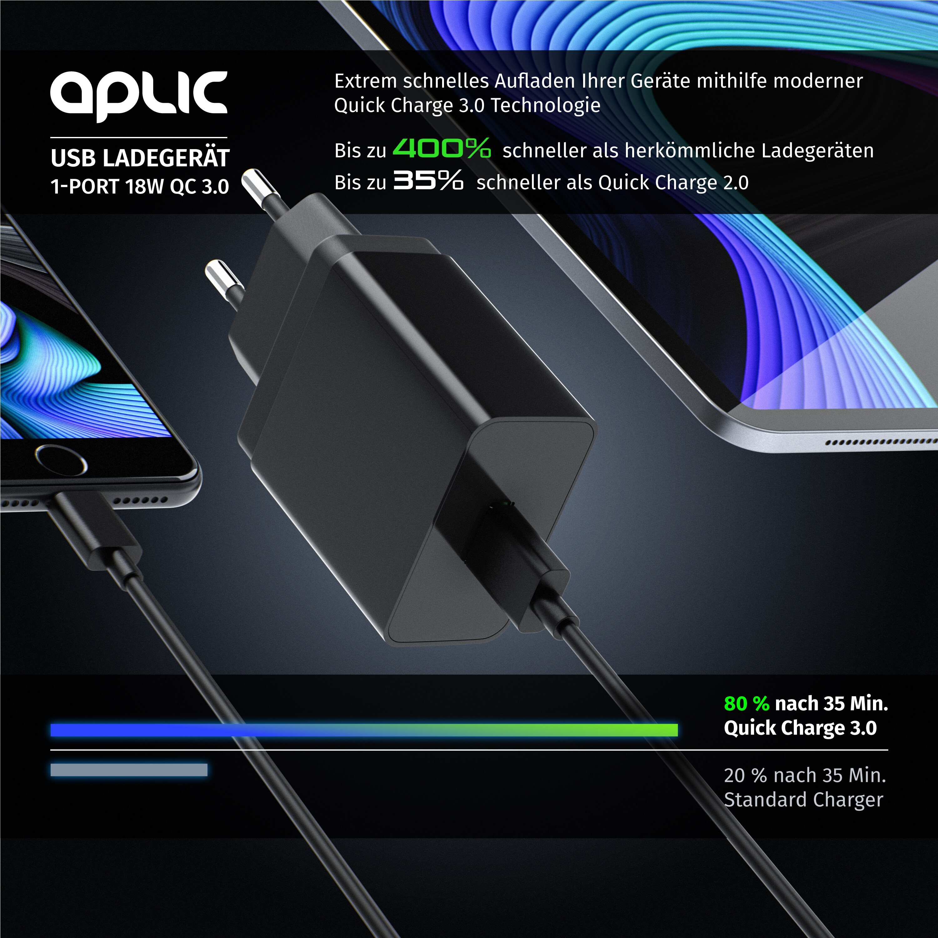 Aplic USB-Ladegerät 3000 mA, Quick Charge 3.0 USB-Ladegerät 1x USB A QC 3.0 Port / max. 3A über QC