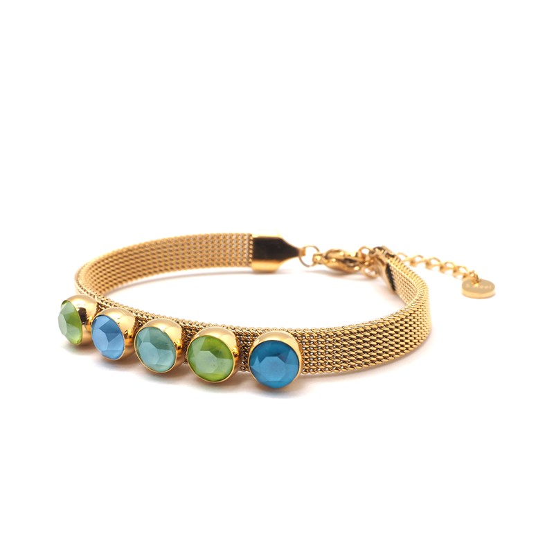 Bracelet en acier doré orné de cristaux Swarovski avec pierres Crystal vert et bleu