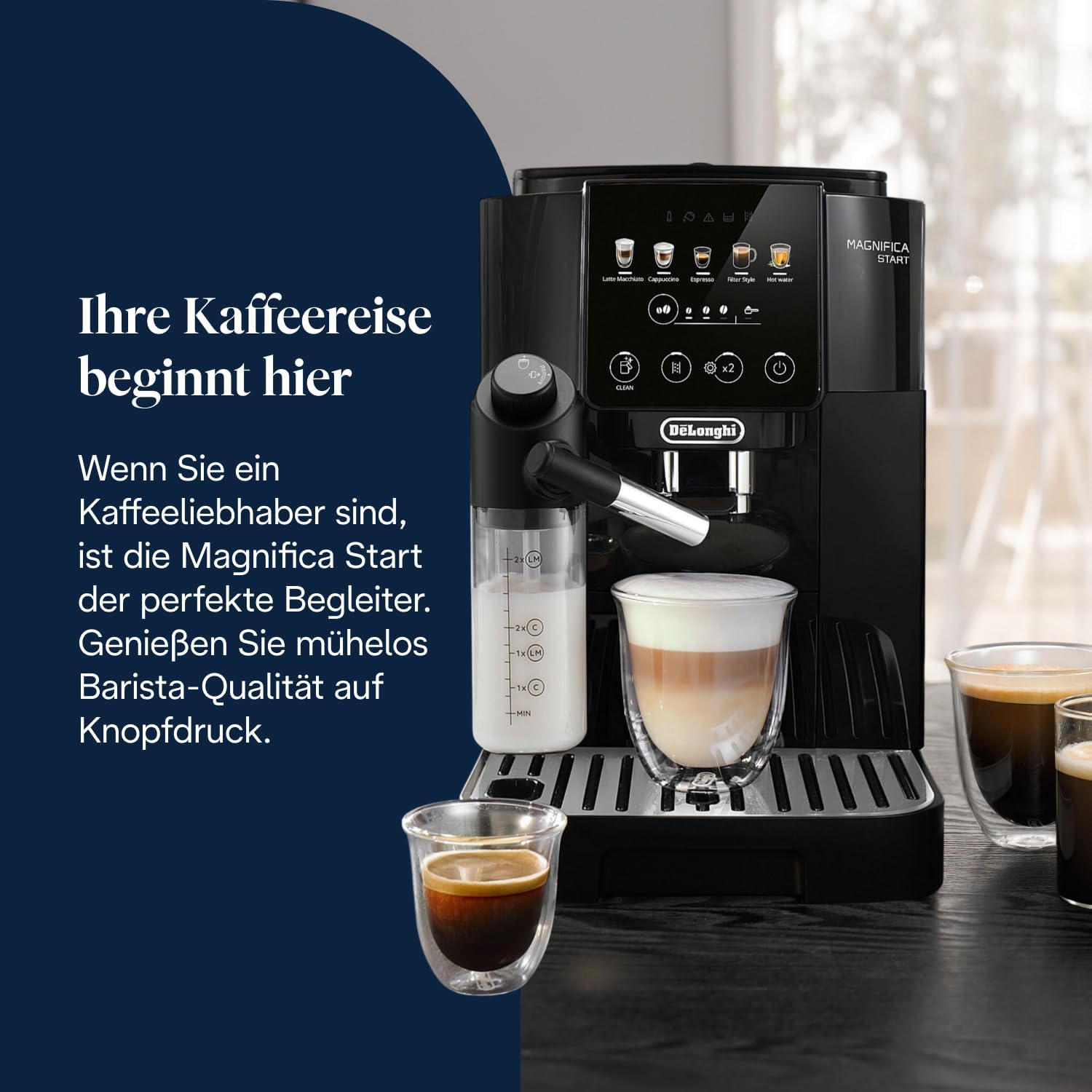 De'Longhi Magnifica Start - Perfetto Kaffeevollautomat mit LatteCrema-Milchaufschäumer, 4 One-Touch-Getränke, Cappuccino, Espresso Kaffeemaschine, Soft-Touch-Bedienfeld, Schwarz (ECAM220.91.B)